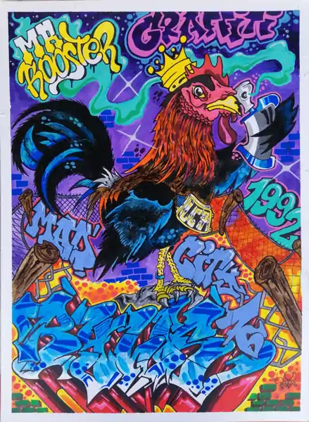 Drawing made with acrylic markers featuring graffiti motifs