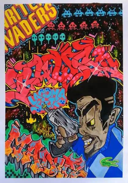 Drawing made with acrylic markers featuring graffiti motifs